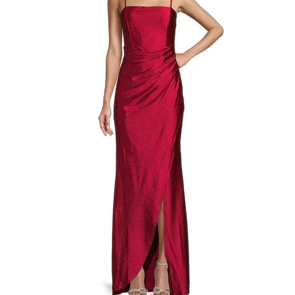 Honey and Rosie Junior M Glitter Pleated Side Slit Long Cherry Strap Dress - Picture 3 of 17